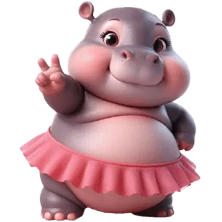 ✌️ cdffb8d1 hippopotame, dessin animé, mignon, animal, autocollant, symbole paix, jupe rose telegram sticker