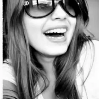 😂 a32a615e woman, sunglasses, laughing, portrait, black and white, face, person telegram sticker