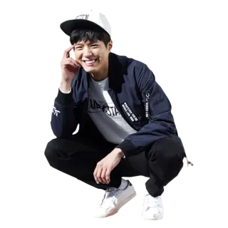 😁 c9f1fb86 Mann, lächelnd, hockend, Hut, casual, Mode whatsapp sticker