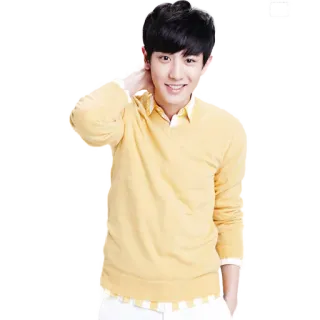 😄 1d6b9521 pria, kuning, senyum, kasual, potret, sweter telegram sticker