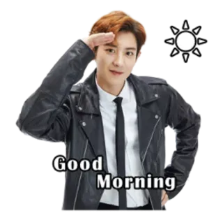 👋 218e028f Good Morning kpop, selamat pagi, salam, hormat, pria, jaket kulit telegram sticker