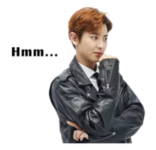 🙂 e28fed39 Hmm... berpikir, hmm, pertanyaan, pria, jaket kulit, K-Pop telegram sticker