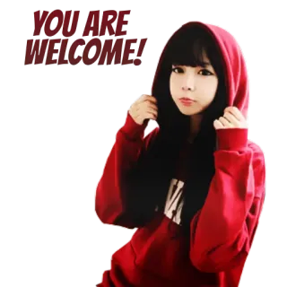 😌 27216dfc YOU ARE WELCOME! chào mừng, lời chào, cô gái, đỏ, áo hoodie telegram sticker
