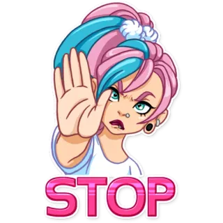 ✋ d89f4084 STOP dừng lại, bàn tay, phụ nữ, phim hoạt hình, nhân vật, tóc hồng, tóc xanh telegram sticker