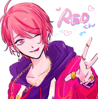 ✌️ ff10af16 Reo Anime, Manga, Pelo rosa, Personaje, Sonriendo, Guiñando, Signo de la V telegram sticker