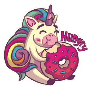 🍩 0221998f Hungry unicorn, donat, lapar, imut, kartun, makanan, manis telegram sticker