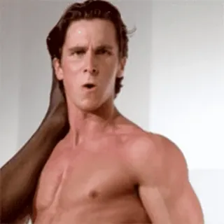 💪 50040ece Patrick Bateman American Psycho アメリカン・サイコ, パトリック・ベイトマン, クリスチャン・ベール, 斧, 暴力, 映画のシーン whatsapp sticker
