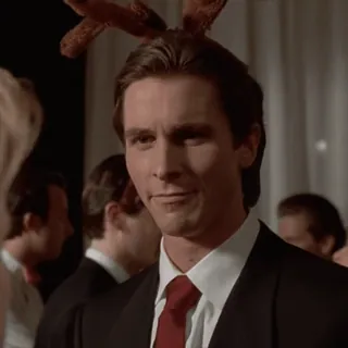 😃 401c5047 Patrick Bateman American Psycho パトリック・ベイトマン, アメリカン・サイコ, クリスチャン・ベール, 80年代, 映画, キャラクター, スーツ, トナカイ whatsapp sticker