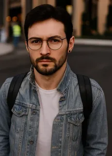 🤓 eed845e8 Uomo, Ritratto, Occhiali, Barba, Giacca di jeans, Casual, Street style, Adulto, Maschio telegram sticker