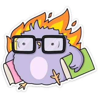 🤓 49cd4663 猫头鹰, 书, 火, 燃烧, 书呆子, 学生, 卡通 telegram sticker