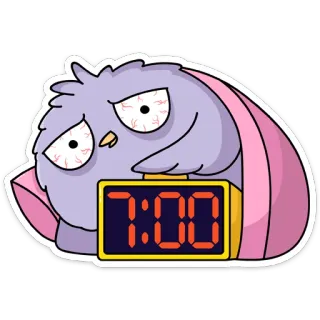 ⏱ 7196e076 7:00 猫头鹰, 困, 闹钟, 卡通, 早上, 累, 动物 telegram sticker