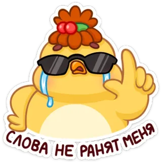 😎 06fbb96b СЛОВА НЕ РАНЯТ МЕНЯ мультик, курица, солнцезащитные очки, средний палец, слезы telegram sticker