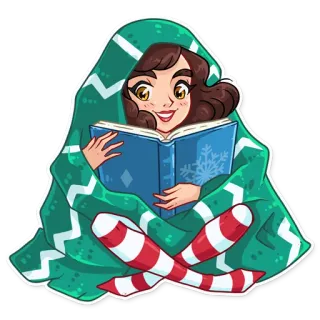 📚 1247e8c9 อ่าน, หนังสือ, ผ้าห่ม, อบอุ่น, ฤดูหนาว, การ์ตูน, เกล็ดหิมะ, ผู้หญิง telegram sticker