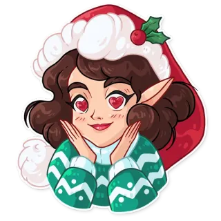 😍 33566901 เอลฟ์, คริสต์มาส, หมวกซานต้า, น่ารัก, วันหยุด, ฤดูหนาว, ตาเป็นรูปหัวใจ telegram sticker