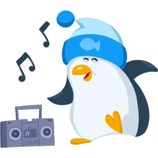 😄 19764f42 pingouin, dessin animé, musique, danse, boombox, bonnet hiver telegram sticker