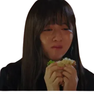 😢 b3089ab4 wanita, makan, sandwich, makanan, camilan, ekspresi telegram sticker