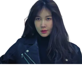 😏 fa76459a wanita, potret, rambut gelap, jaket kulit telegram sticker