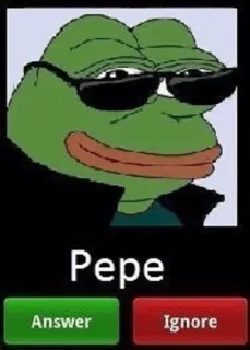 📱 cb445c88 Pepe Pepe
Answer
Ignore Pepe de Kikker, Meme, Internetcultuur, Kikker, Zonnebril whatsapp sticker