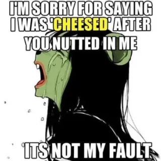 😭 3ce66f9e I'M SORRY FOR SAYING
I WAS CHEESED AFTER
YOU NUTTED IN ME
ITS NOT MY FAULT Meme, Offensief, Tekst, Grappig telegram sticker