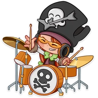 🎵 35d46e77 มือกลอง, โจรสลัด, หัวกะโหลก, กลอง, ดนตรี, การ์ตูน whatsapp sticker