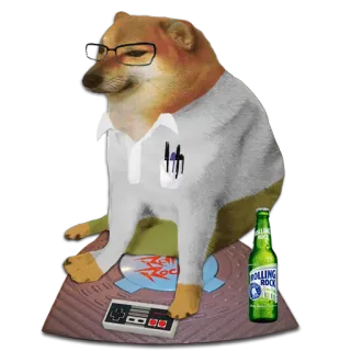 🤓 14b9f6a3 Rolling Rock cachorro, meme, Cheems, Rolling Rock, cerveja, nerd, óculos, videogames telegram sticker