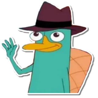 👋 b308d8f5 Perry the Platypus Phineas and Ferb dessin animé, ornithorynque, agent, chapeau, salutation whatsapp sticker