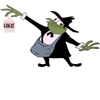 🍾 69df6b33 LOLO cartone animato, personaggio, pozione, pelle verde, cappello, bottiglia whatsapp sticker