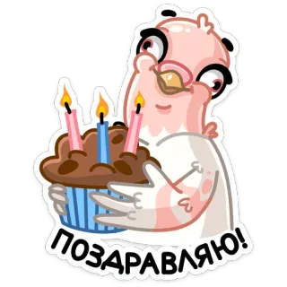 🎂 0d2853f5 ПОЗДРАВЛЯЮ! 鸽子, 鸟, 生日, 纸杯蛋糕, 蜡烛, 问候 telegram sticker