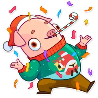 🥳 2482f46c cerdo, navidad, santa claus, celebración, fiesta, confeti, dibujos animados whatsapp sticker