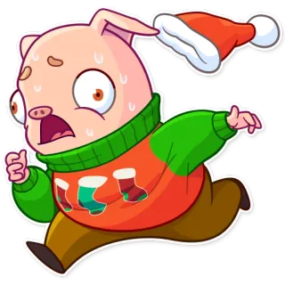 😧 efbc2acf cerdo, navidad, suéter, dibujos animados, corriendo, asustado, sombrero whatsapp sticker