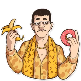 🍌 2b8d523f karakter, pisang, donat, kacamata hitam, syal, kaos kuning whatsapp sticker