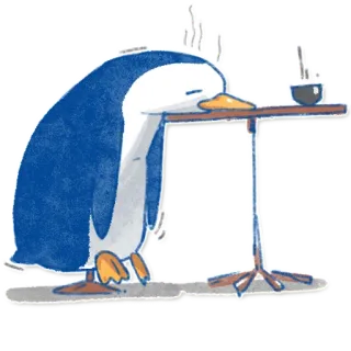 🥱 90925701 pingwin, smutny, wyczerpany, stół, zmęczony, kreskówka telegram sticker