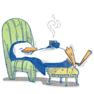 😴 c4d3a397 pingwin, relaks, leniwy, kreskówka, krzesło, kawa, chill telegram sticker