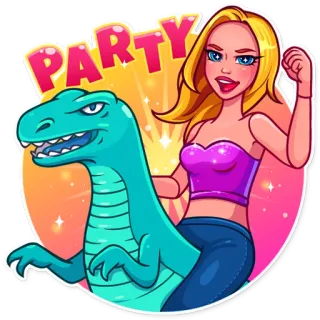 🥳 da780555 PARTY fête, dinosaure, femme, fun, célébration, dessin animé whatsapp sticker