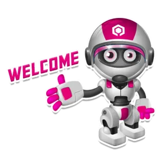 ❤️ cbd17ff9 WELCOME 로봇, 인사, 환영, 흰색, 분홍색, 헬멧, 만화, 친근한, 안드로이드 telegram sticker