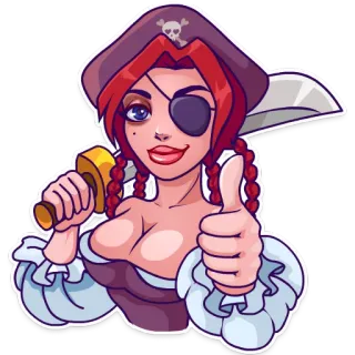 👍 0c9ab1db pirate, cartoon, sword, woman, thumbs up, eye patch telegram sticker