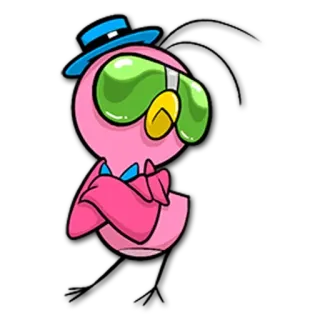 😏 90367411 uccello, rosa, cartone animato, personaggio, occhiali da sole, cappello telegram sticker