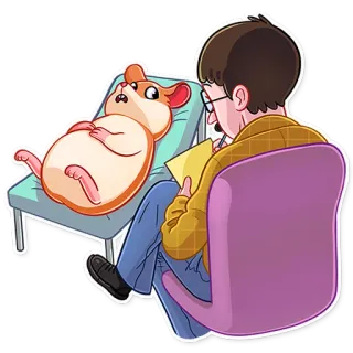 👓 643e58a7 Hamster, Psychiater, Therapie, Tier, Cartoon, Couch, Büro telegram sticker