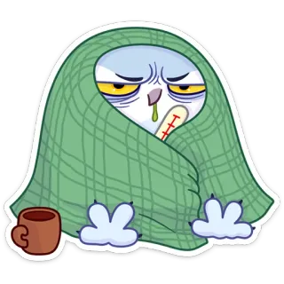 🤒 3d7372ff doente, coruja, frio, termômetro, cobertor, desenho animado, doença telegram sticker