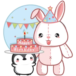 🎂 d5761525 Happy Birthday bunny, penguin, birthday cake, happy birthday, party, celebration, cute whatsapp sticker