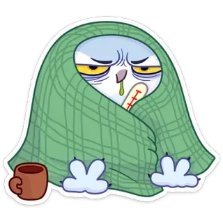 🤒 78174b0c Eule, krank, Grippe, Thermometer, Decke, Cartoon, traurig, erkrankt telegram sticker