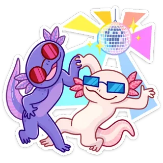 😎 202bc2d6 axolotl, danse, boule disco, dessin animé, mignon, fête, reptile telegram sticker