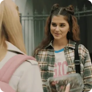 🌟 4ca4c44d MAGIC donna, camicia a quadri, casual, acconciatura, sorriso telegram sticker