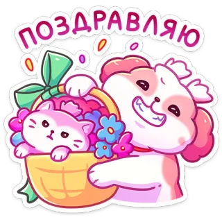 🥳 4b5f66c7 поздравляю kat, hond, bloemen, mand, schattig, gefeliciteerd telegram sticker