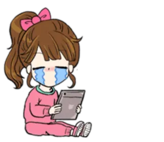 😭 faa0ab93 cartone animato, piangere, ragazza, triste, tablet, pigiama, fiocco, arte digitale whatsapp sticker