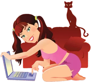 👩‍💻 c18990e9 女人, 笔记本电脑, 卡通, 女孩, 电脑, 猫 telegram sticker