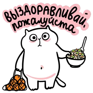 😷 bfc1ce99 ВЫЗДОРАВЛИВАЙ, ПОЖАЛУЙСТА 早日康复, 猫, 食物, 俄语, 健康, 问候, 可爱 telegram sticker