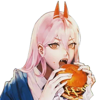 😍 09447529 Power Chainsaw Man 애니메이션, 만화, 파워, 체인소 맨, 버거, 악마, 소녀, 먹기 telegram sticker