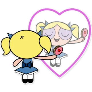 💃 054547d3 Bubbles The Powerpuff Girls desenho animado, espelho, reflexo, menina, princesa, coração, escova de cabelo whatsapp sticker