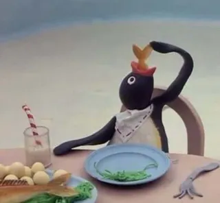 ๐ 20efc419 Pingu penguin, claymation, cartoon, animal, cute, food telegram sticker